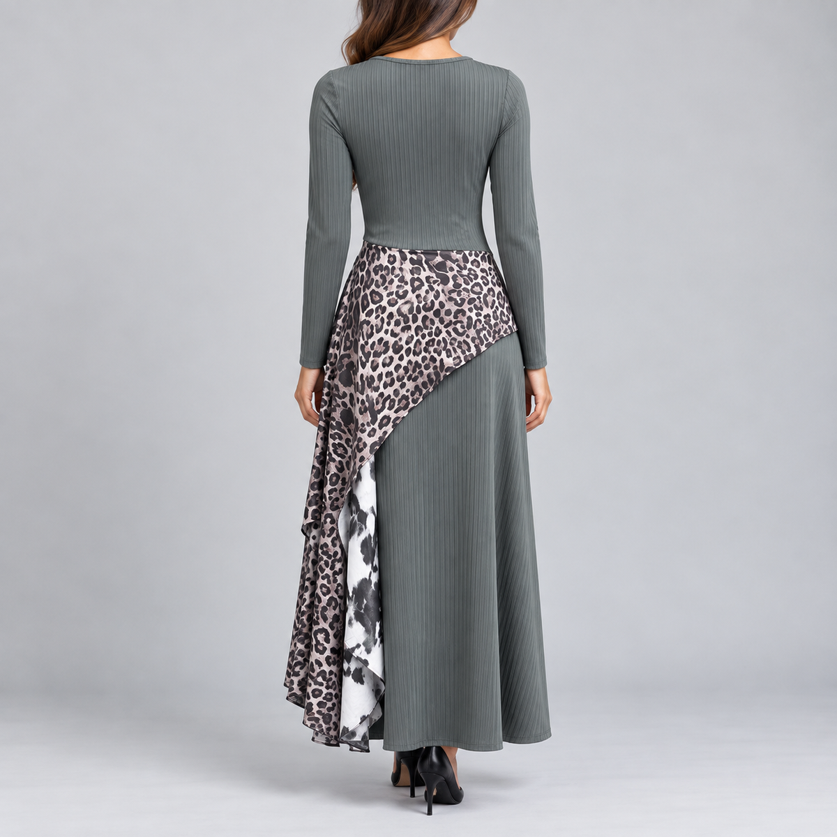 Damen Maxi-Kleid Leopardenmuster Unregelmäßiger Saum 2