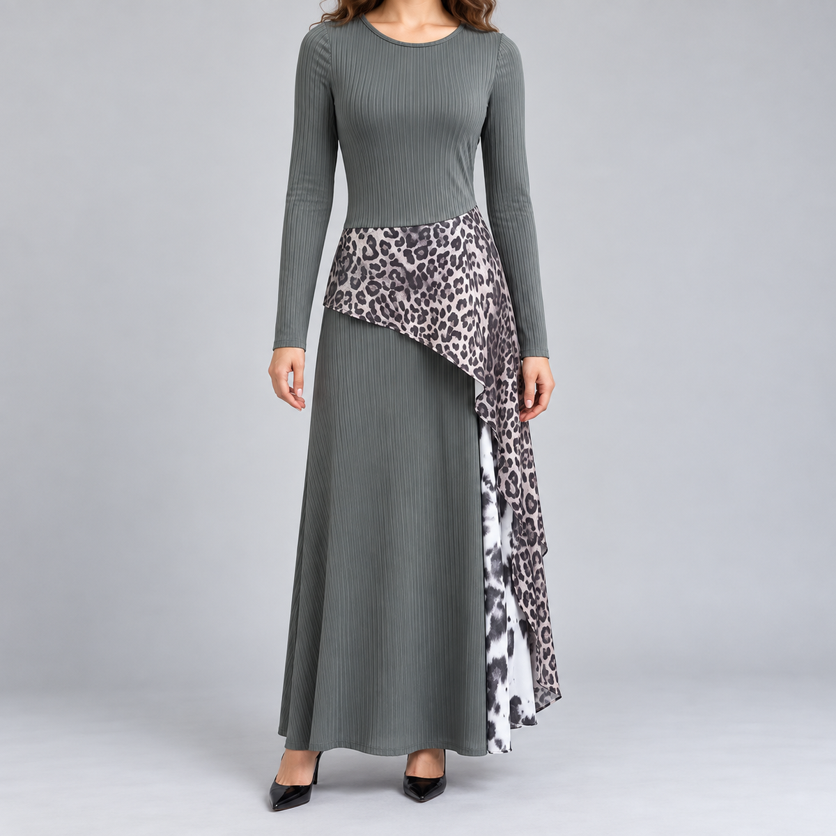 Damen Maxi-Kleid Leopardenmuster Unregelmäßiger Saum 1