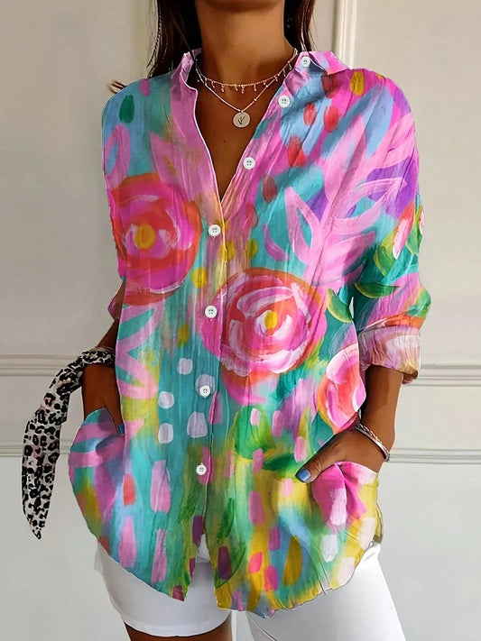 Bluse Damen | Bunter Kunstblumen-Print & Knopfleiste