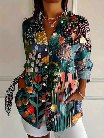 Bluse Damen | Bunter Kunstblumen-Print & Knopfleiste