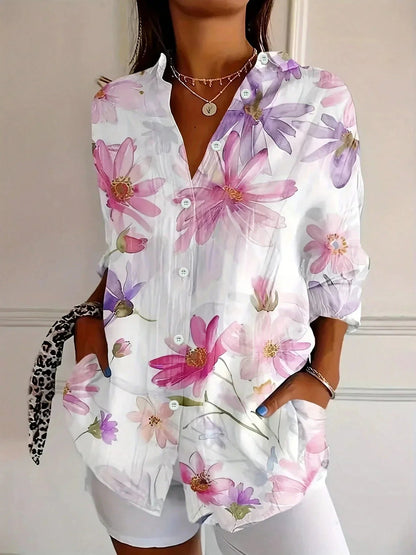 Bluse Damen | Bunter Kunstblumen-Print & Knopfleiste