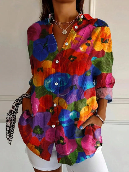 Bluse Damen | Bunter Kunstblumen-Print & Knopfleiste