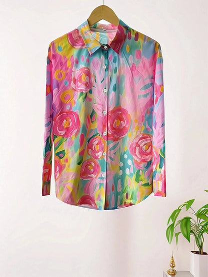 Bluse Damen | Bunter Kunstblumen-Print & Knopfleiste