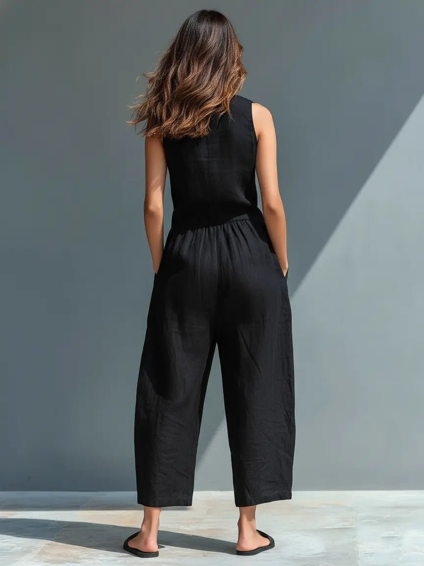 Annika | Damen Ärmellose Linen Button-Up Jumpsuit mit Stehkragen 1