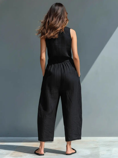 Annika | Damen Ärmellose Linen Button-Up Jumpsuit mit Stehkragen 1