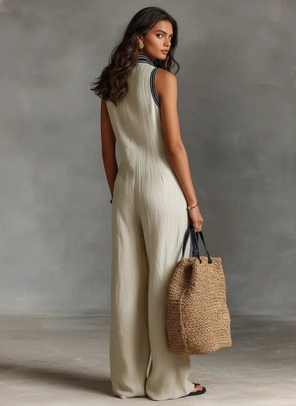 Annika | Damen Bestickter Ärmellose Linen Jumpsuit mit Stehkragen 1