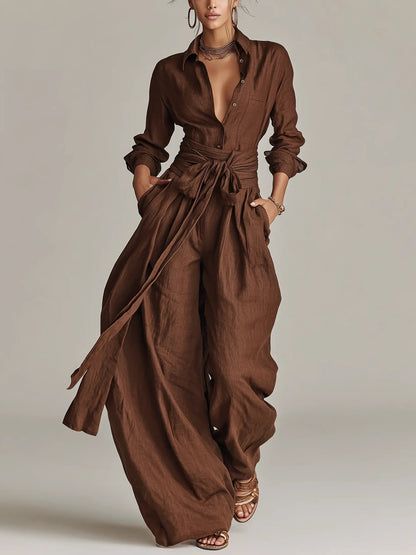 Jumpsuit Damen | Langarm Hemdkragen & Weite Hose