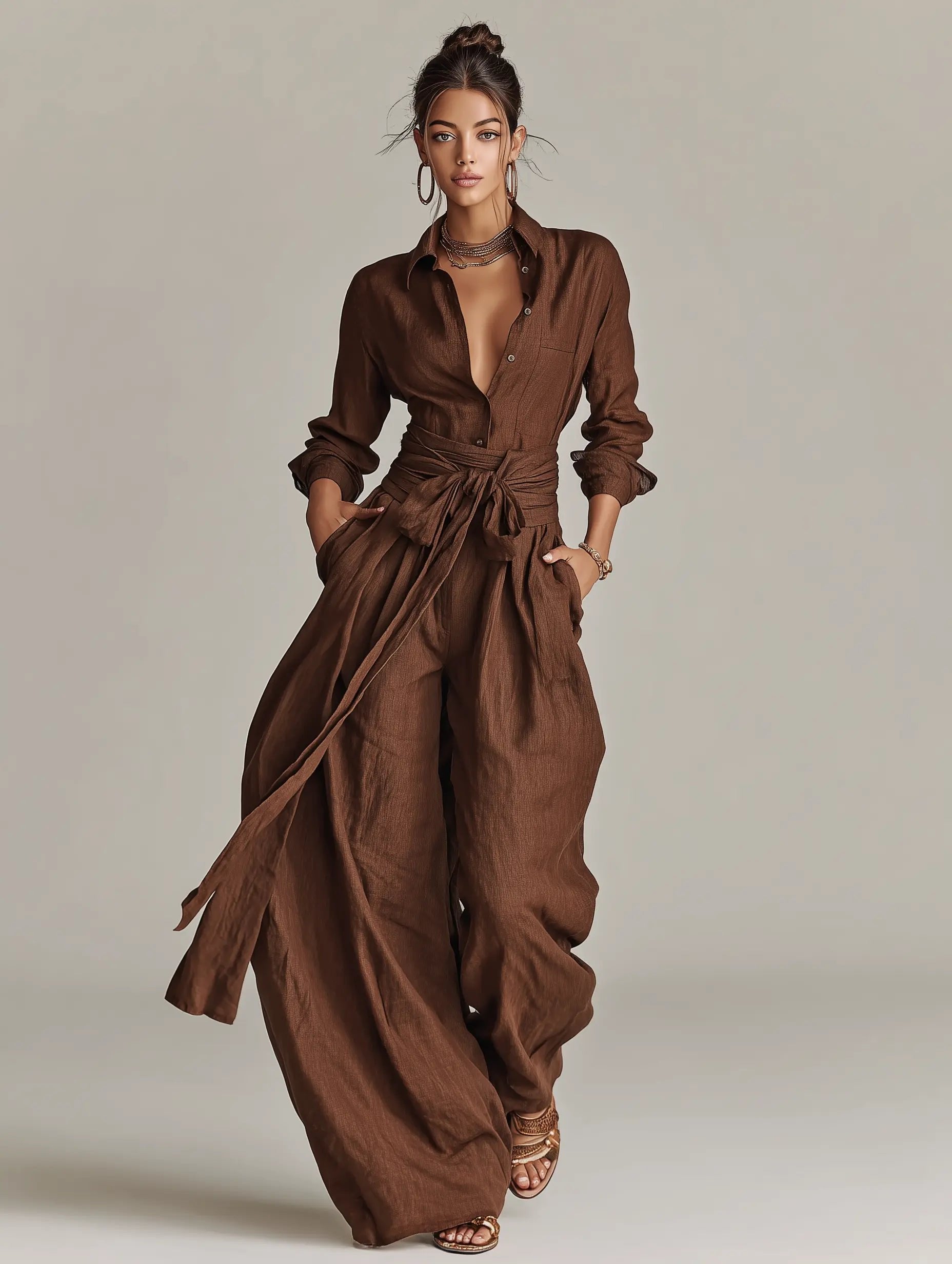 Jumpsuit Damen | Langarm Hemdkragen & Weite Hose