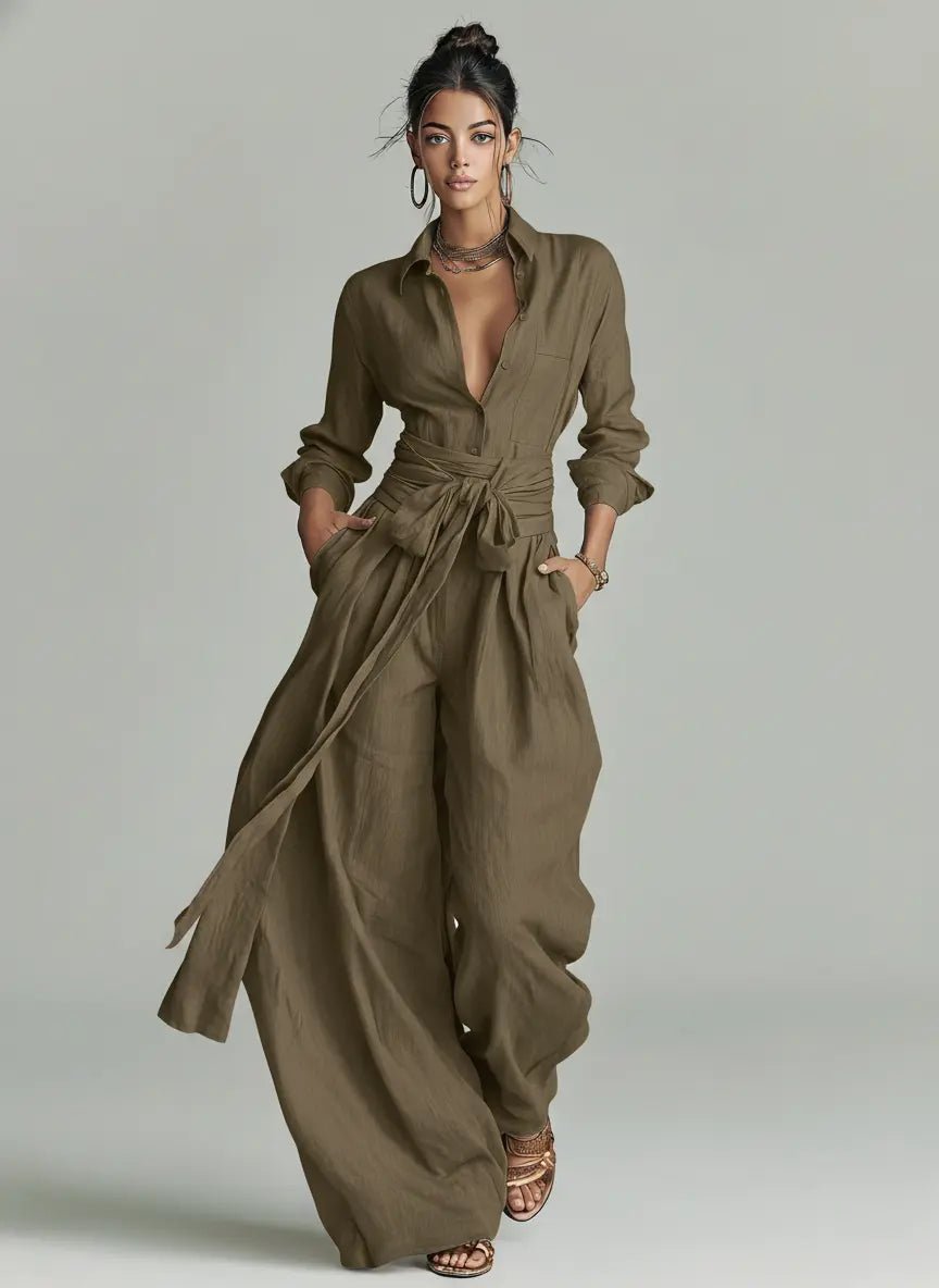 Jumpsuit Damen | Langarm Hemdkragen & Weite Hose