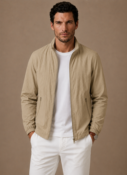 Full view of a men's mesh-lined bomber jacket