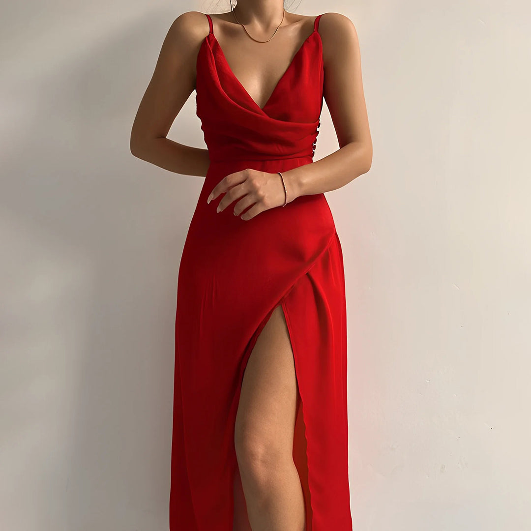Abendgarderobe Damen | Elegantes Maxikleid mit V-Ausschnitt & Beinschlitz