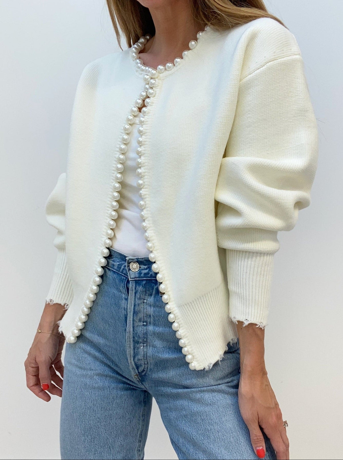 Damen Strickjacke Perlenknöpfe Cardigan Distressed Saum 1
