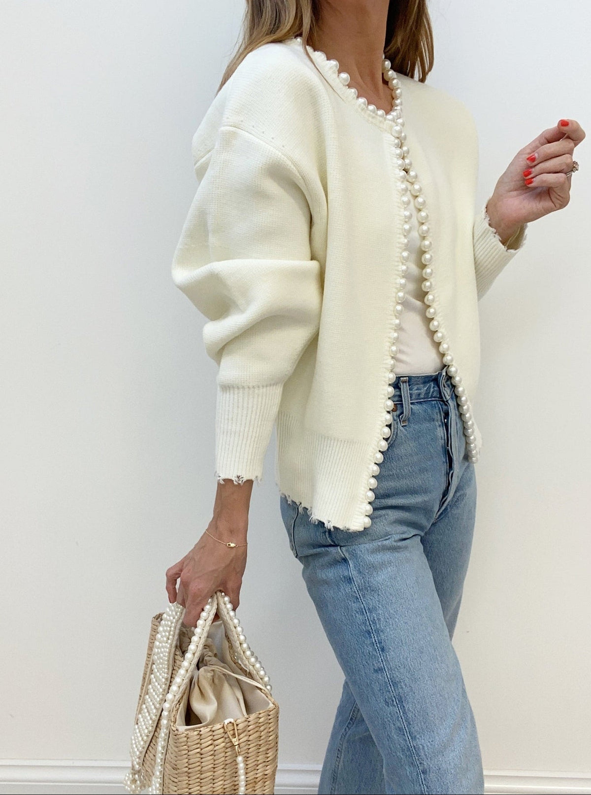 Damen Strickjacke Perlenknöpfe Cardigan Distressed Saum 4