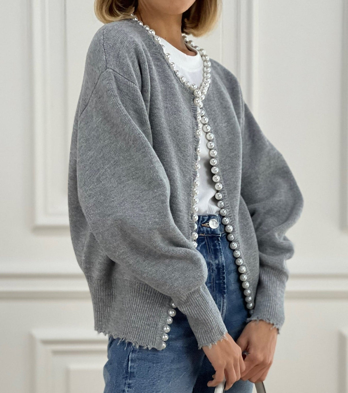 Damen Strickjacke Perlenknöpfe Cardigan Distressed Saum 15