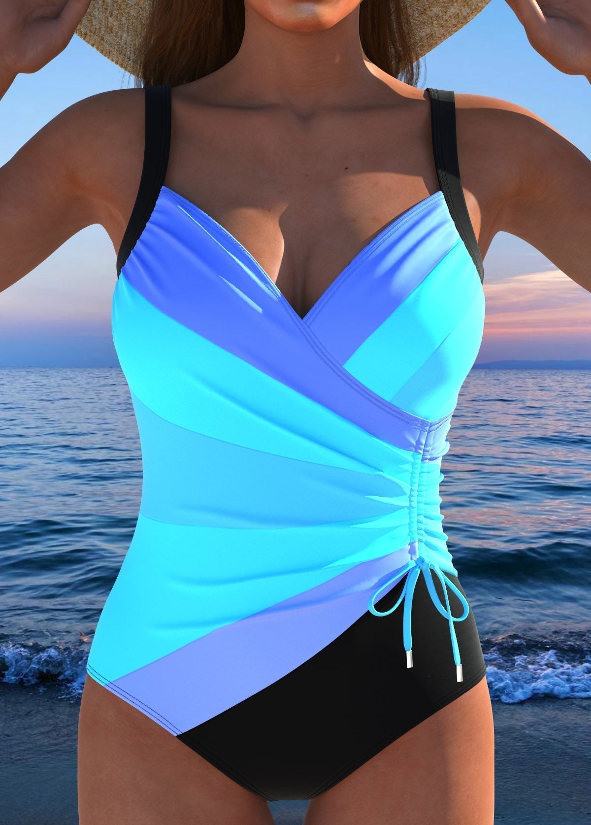 Badeanzug Damen Wickeloptik | Streifen-Print & Figurformend