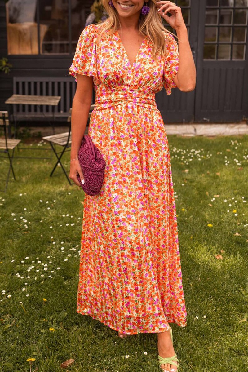 Maxikleid Damen | Floraler Print mit V-Ausschnitt & Flatternden Ärmeln