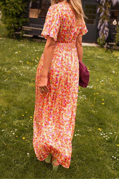 Maxikleid Damen | Floraler Print mit V-Ausschnitt & Flatternden Ärmeln