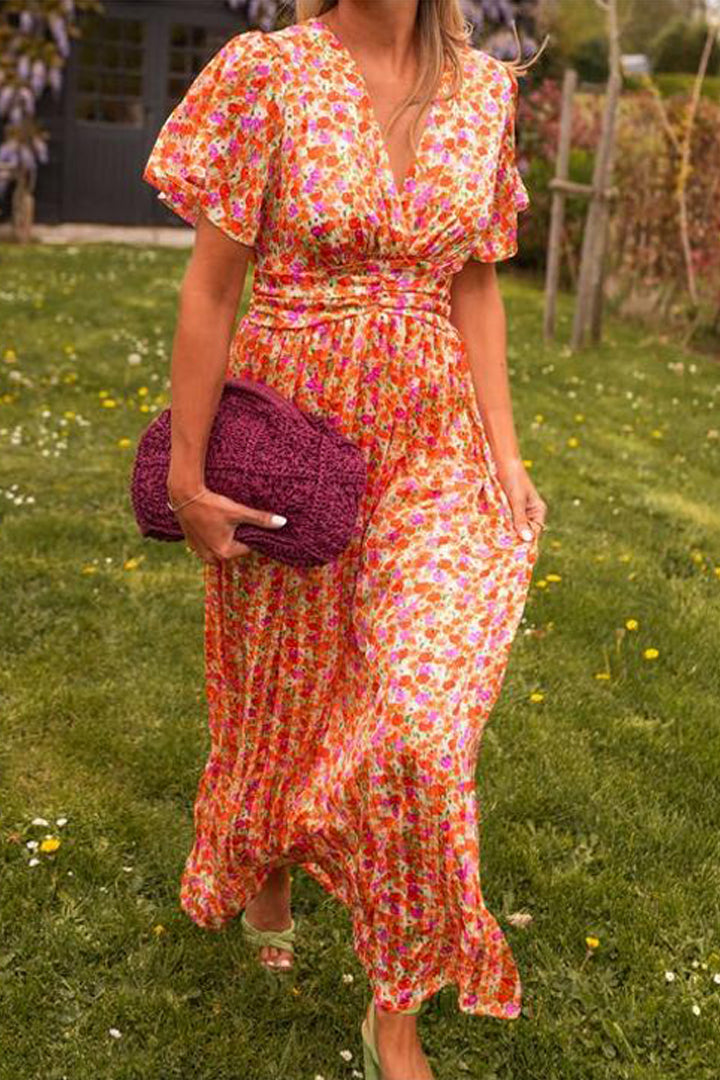 Maxikleid Damen | Floraler Print mit V-Ausschnitt & Flatternden Ärmeln
