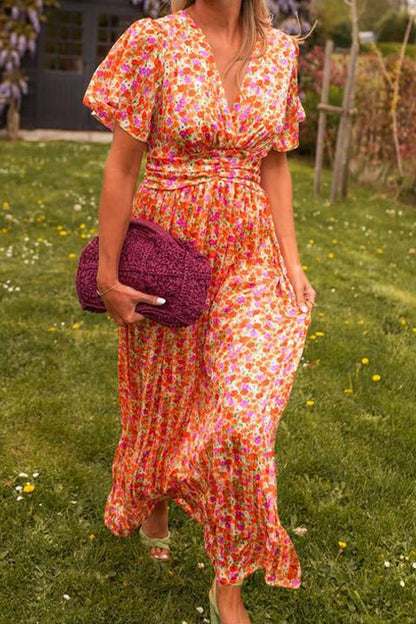 Maxikleid Damen | Floraler Print mit V-Ausschnitt & Flatternden Ärmeln