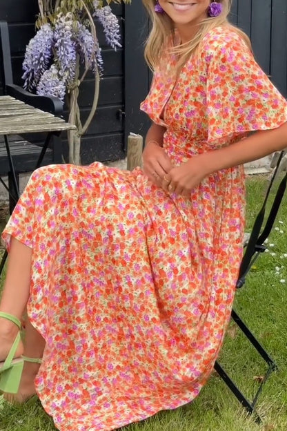 Maxikleid Damen | Floraler Print mit V-Ausschnitt & Flatternden Ärmeln