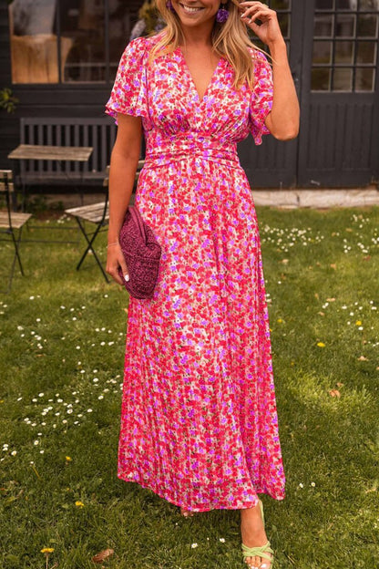 Maxikleid Damen | Floraler Print mit V-Ausschnitt & Flatternden Ärmeln