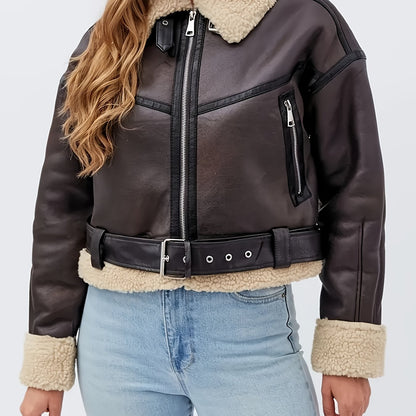 Edmara | Damen Kunstlederjacke Bikerjacke mit Fellkragen - Dark Brown - Image 1