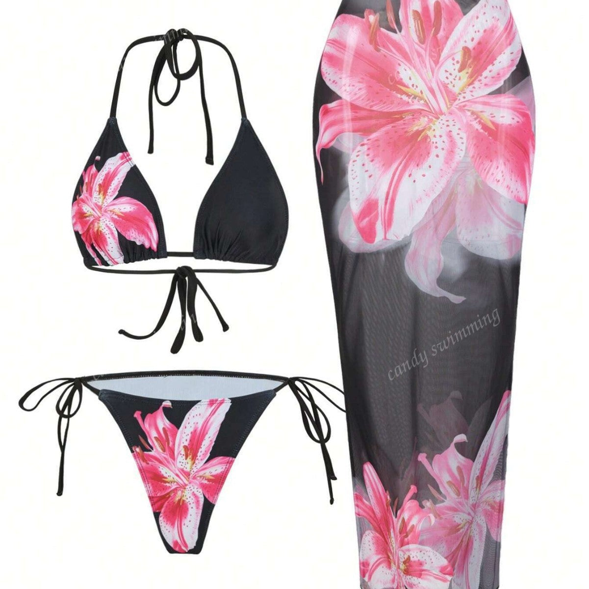 Bikini Set Damen | Florales Triangel-Top & Transparenter Maxirock
