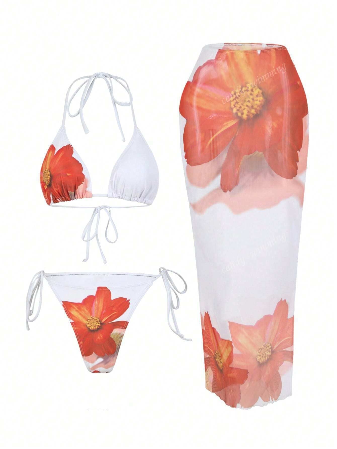 Bikini Set Damen | Florales Triangel-Top & Transparenter Maxirock