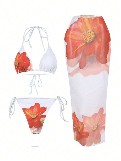 Bikini Set Damen | Florales Triangel-Top & Transparenter Maxirock