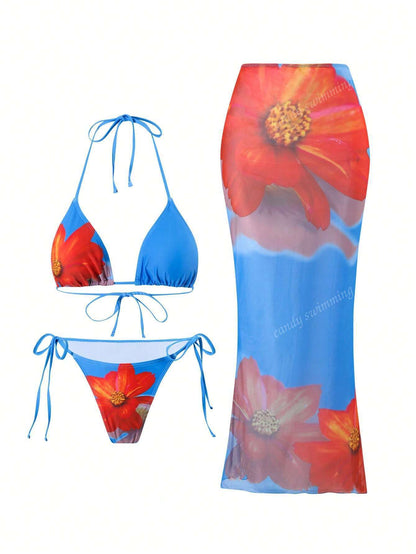 Bikini Set Damen | Florales Triangel-Top & Transparenter Maxirock