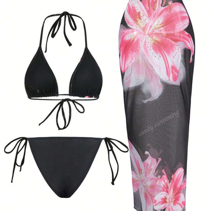 Bikini Set Damen | Florales Triangel-Top & Transparenter Maxirock