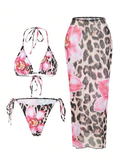 Bikini Set Damen | Florales Triangel-Top & Transparenter Maxirock
