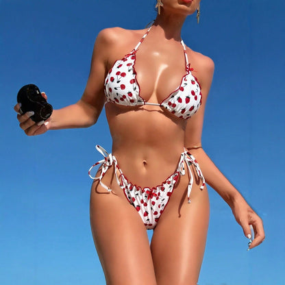 Bikini Set Damen | Kirschmuster Triangel-Top & Side-Tie-Tanga