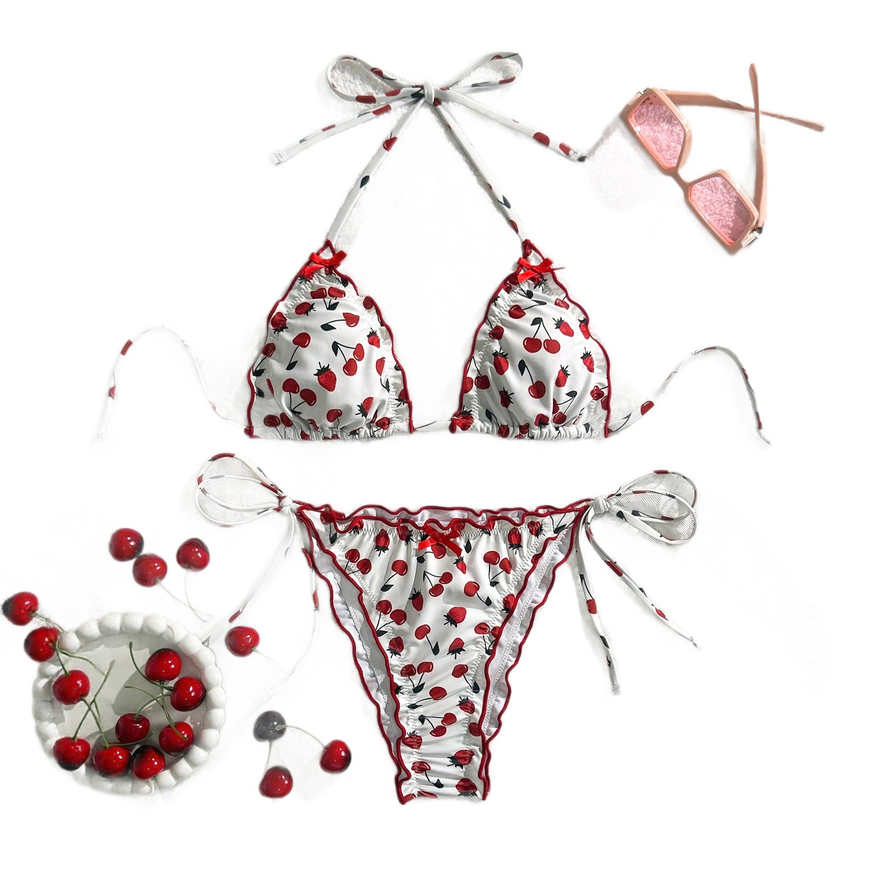 Bikini Set Damen | Kirschmuster Triangel-Top & Side-Tie-Tanga