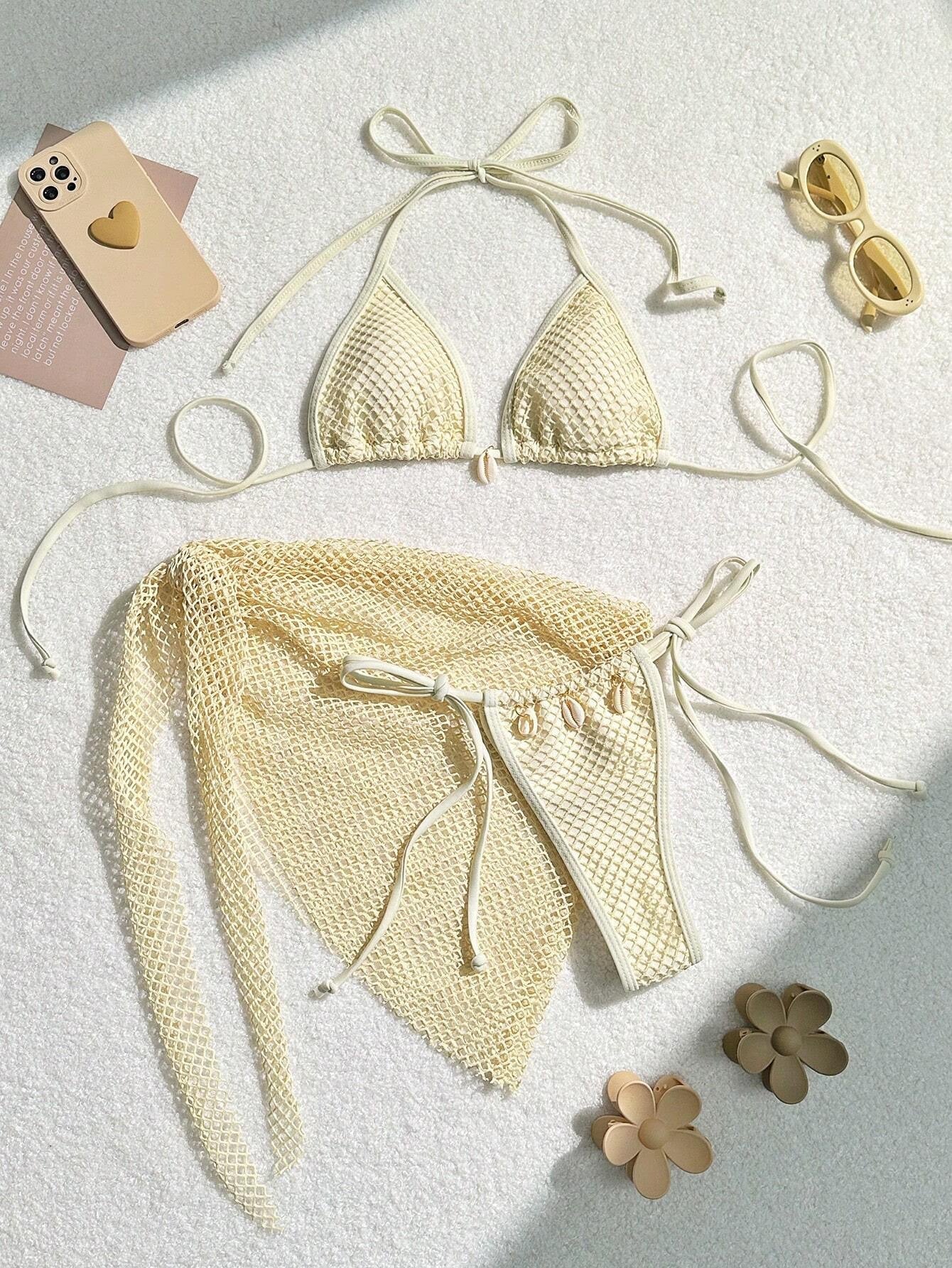 Bikini Set Damen | Netz-Triangel-Top & Wickelrock Muscheldetails