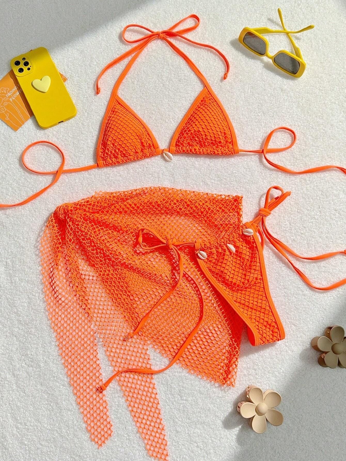 Bikini Set Damen | Netz-Triangel-Top & Wickelrock Muscheldetails