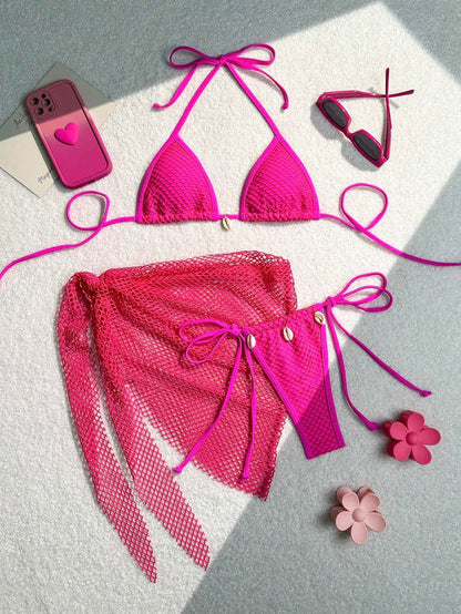 Bikini Set Damen | Netz-Triangel-Top & Wickelrock Muscheldetails