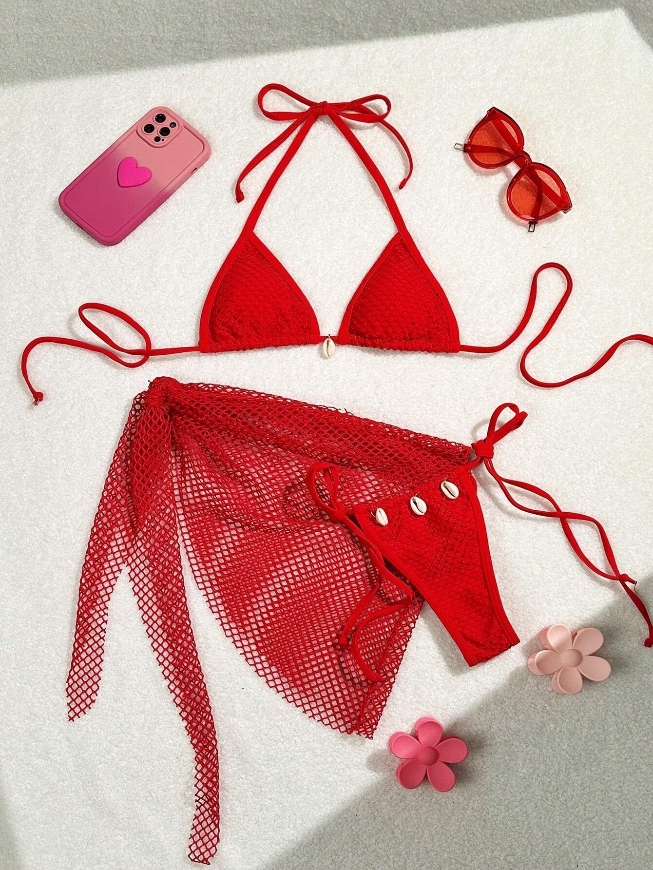 Bikini Set Damen | Netz-Triangel-Top & Wickelrock Muscheldetails