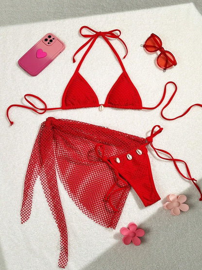 Bikini Set Damen | Netz-Triangel-Top & Wickelrock Muscheldetails