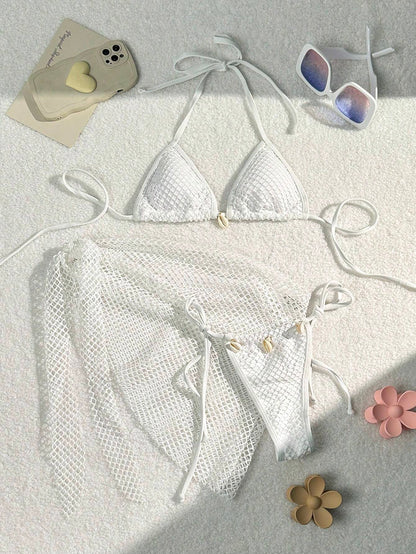Bikini Set Damen | Netz-Triangel-Top & Wickelrock Muscheldetails