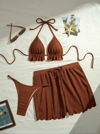 Bikini Set Damen | Rüschen-Triangel-Top & Lässige Shorts