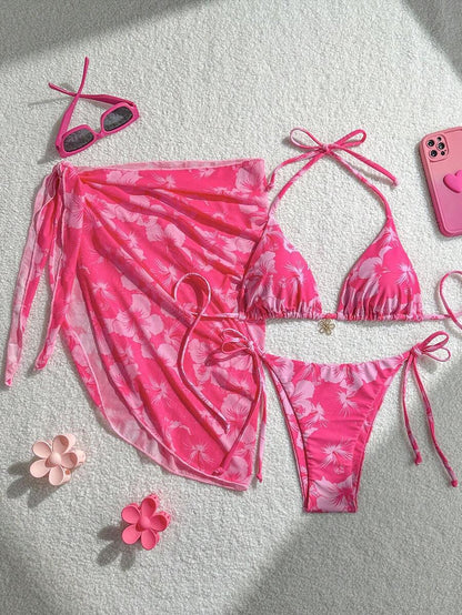 Bikini Set Damen | Triangel-Bikini mit Blumenprint & Wickeltuch