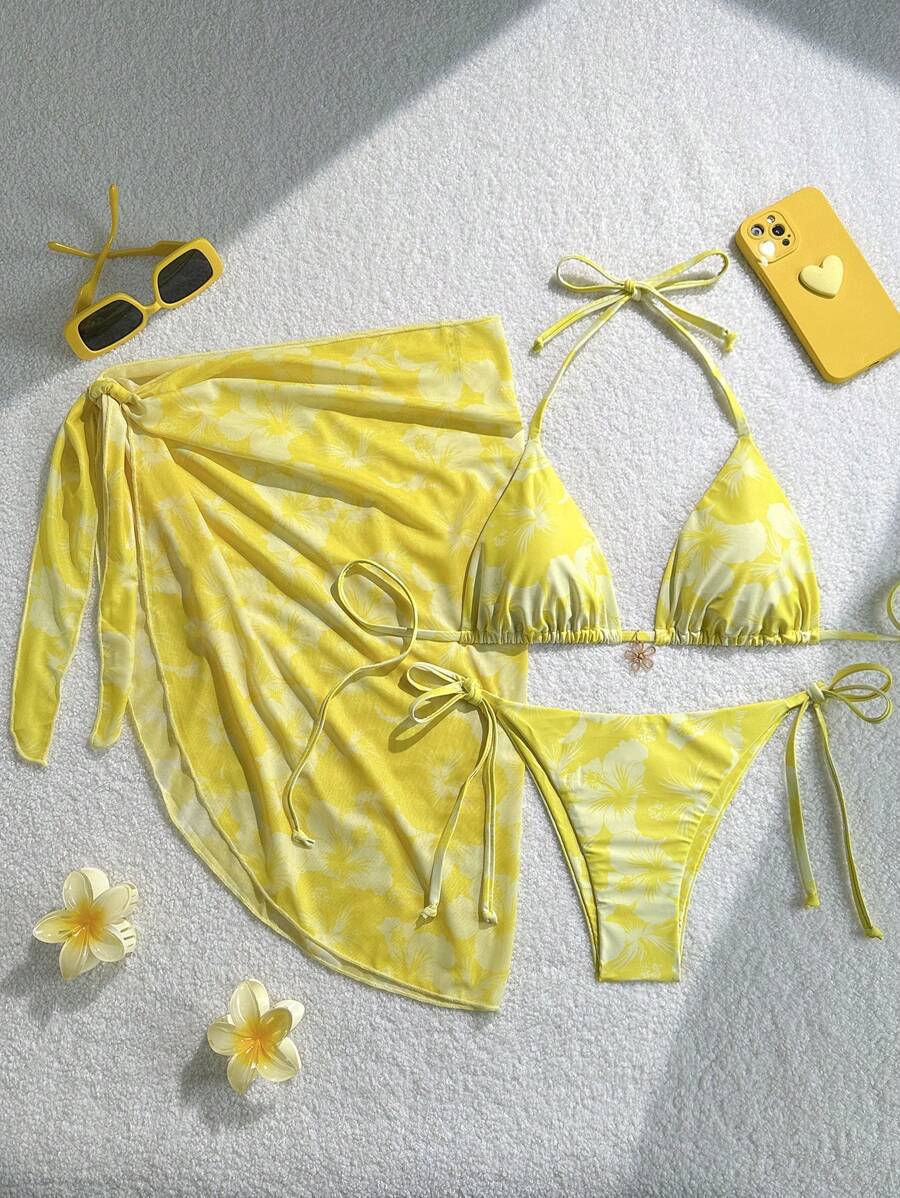 Bikini Set Damen | Triangel-Bikini mit Blumenprint & Wickeltuch