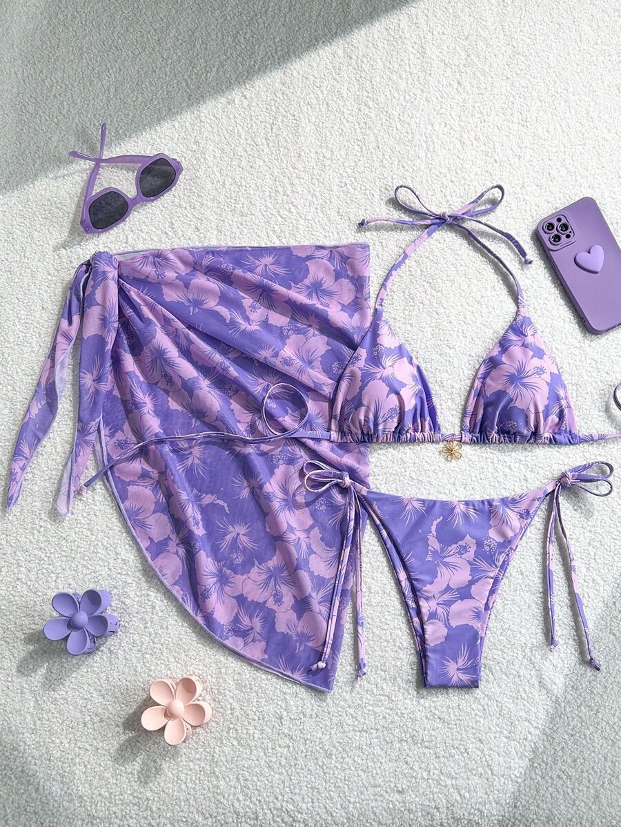 Bikini Set Damen | Triangel-Bikini mit Blumenprint & Wickeltuch
