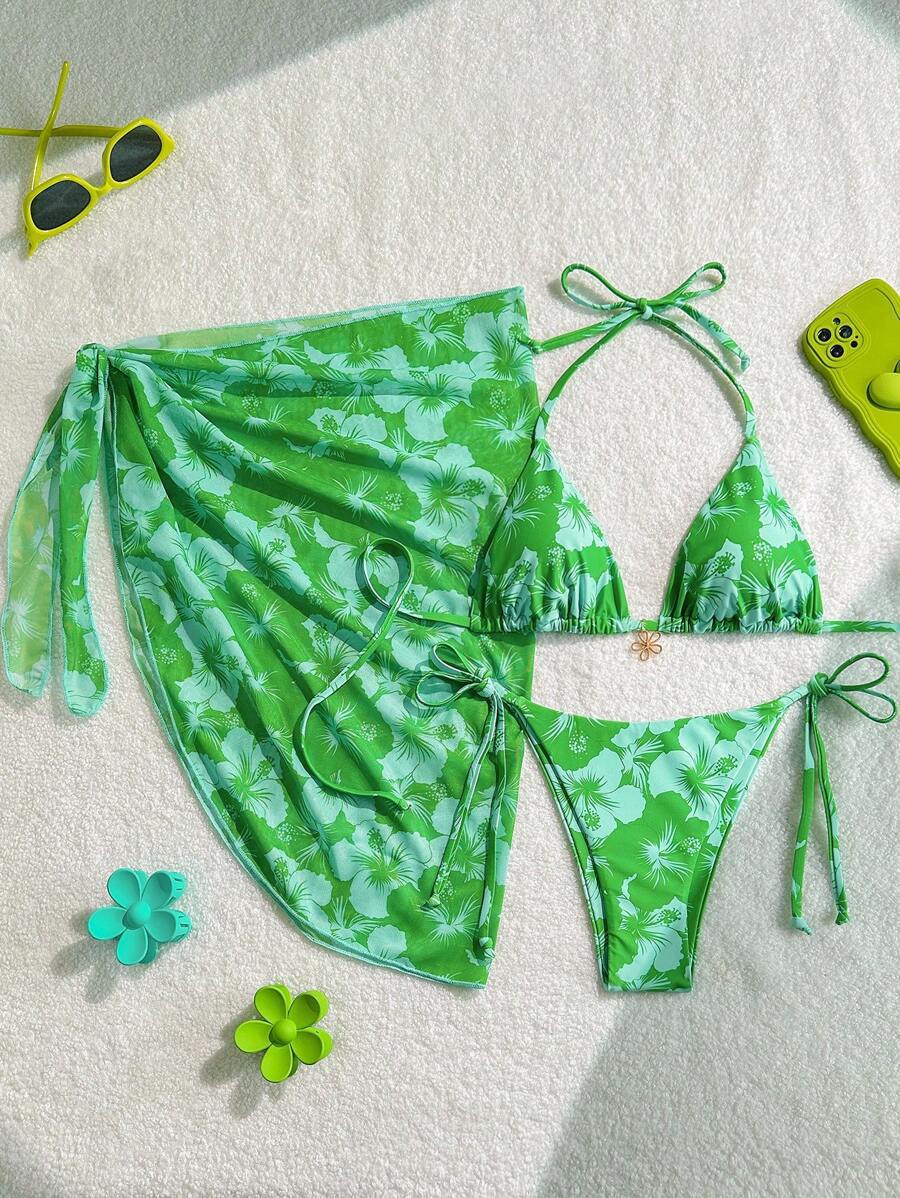 Bikini Set Damen | Triangel-Bikini mit Blumenprint & Wickeltuch