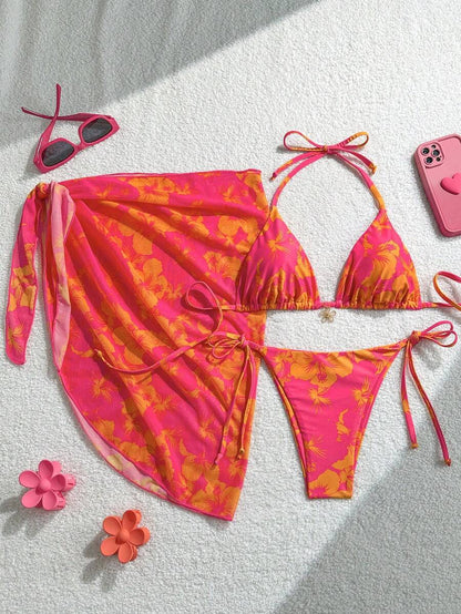 Bikini Set Damen | Triangel-Bikini mit Blumenprint & Wickeltuch