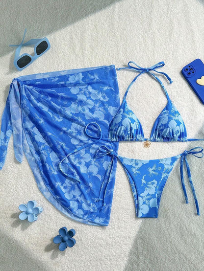 Bikini Set Damen | Triangel-Bikini mit Blumenprint & Wickeltuch