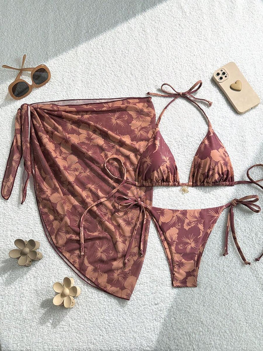 Bikini Set Damen | Triangel-Bikini mit Blumenprint & Wickeltuch