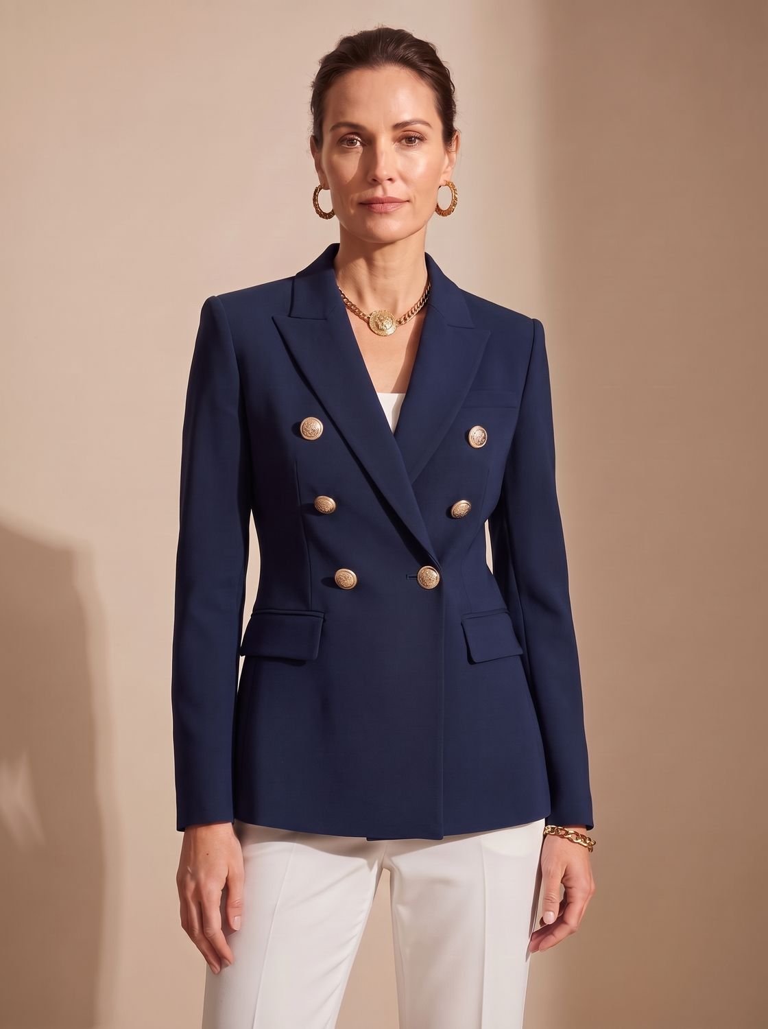 Damen Zweireiher-Blazer Tailliert Goldknöpfe Strukturiert - Schwarz