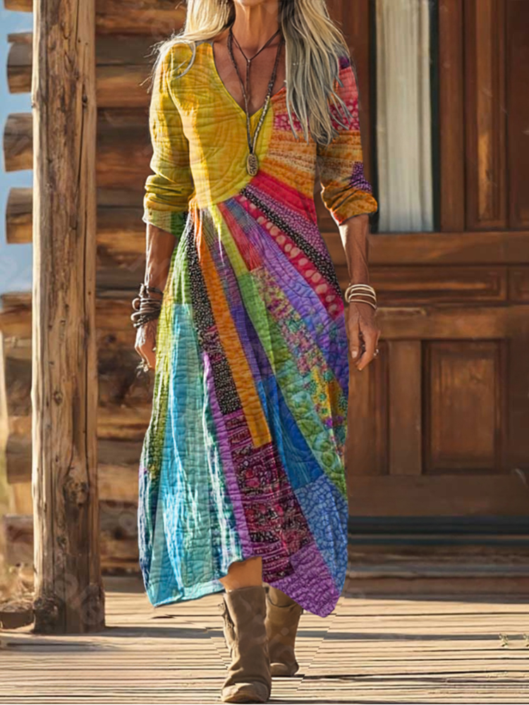 Midikleid Damen | Buntes Patchwork & Boho V-Ausschnitt